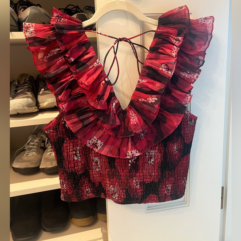 Ollari Anthropologie red print ruffle organza smocked crop top blouse size M